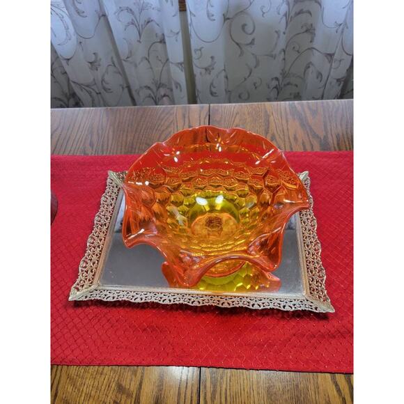Vintage Viking Georgian Compote, Ruffled Large Persimmon Orange Art Glass Bowl - Picture 2 of 4